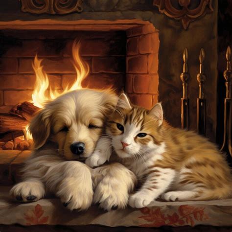 Premium AI Image | Furry friends curled up by the fireplace