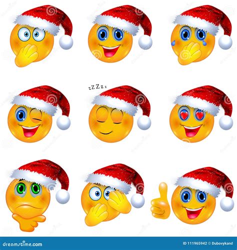 Yellow Smiley Faces With Christmas Santa Hat On Emoji Vector