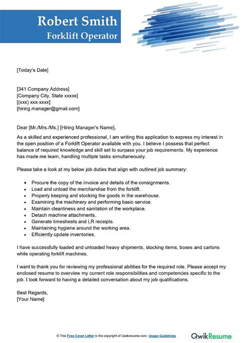 Forklift Operator Cover Letter Examples Qwikresume