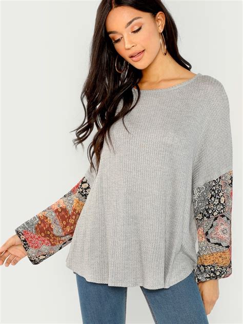 Printed Long Sleeve Waffle Knit Top Waffle Knit Top Knit Top Tops