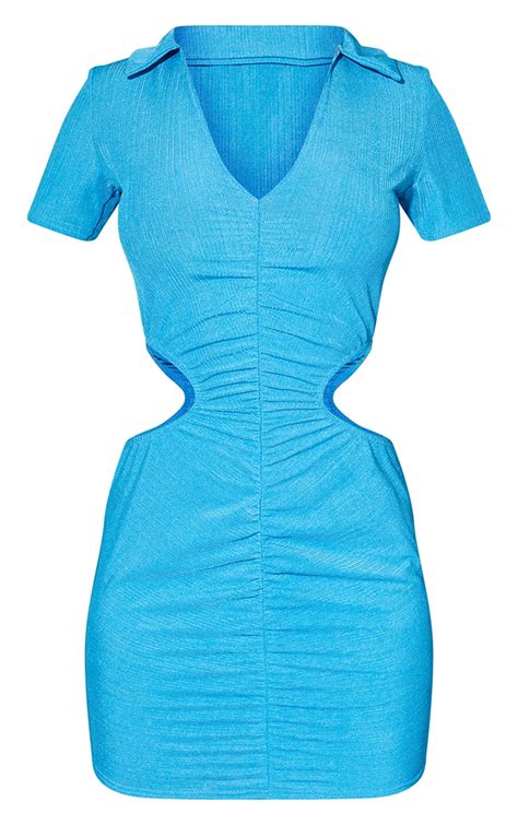 Robe Chemise Moulante Texturée Froncée Bleue à Côtés Découpés