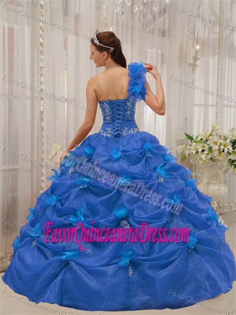 Blue Ball Gown One Shoulder Quinceanera Dress With Appliques And Pick Ups