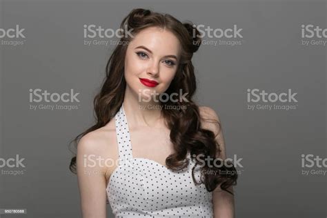 Pin Up Girl Vintage Beautiful Woman Pinup Style Portrait In Retro Dress