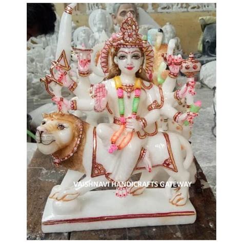 Painted Hindu Pure White Makrana Marble Maa Durga Statue For Home At