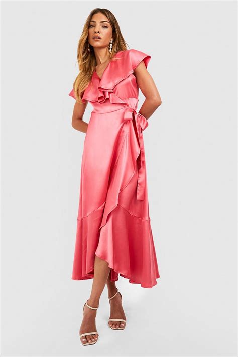 Satin Ruffle Wrap Dress Boohoo Uk