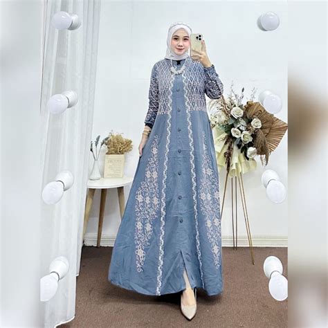 Jual Gamis Rayon Premium Busui Friendly Kancing Depan Warna Abu Denim