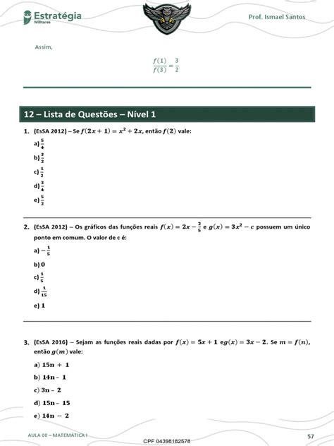 Lista De Exercícios De Funções Matemáticas Com Questões Sobre Domínios