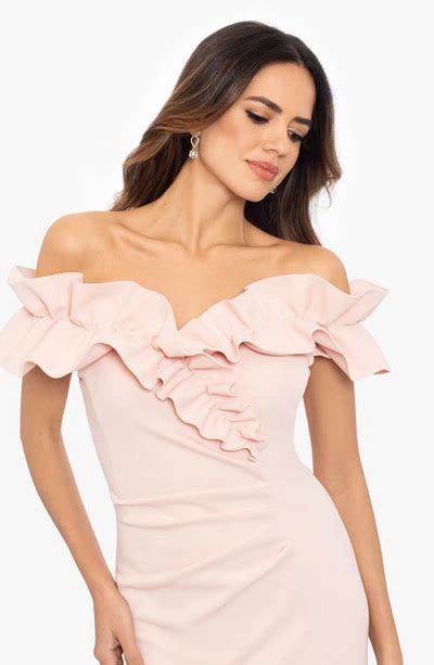 Xscape Ruched Ruffle Scuba Gown In Blush Modesens