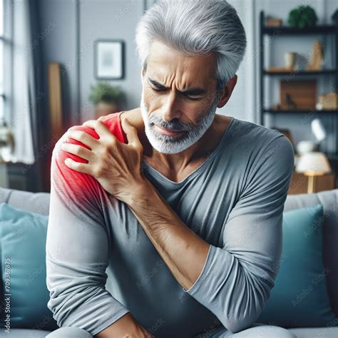 Senior Man Suffering From Shoulder Pain At Home Mature Man Holding