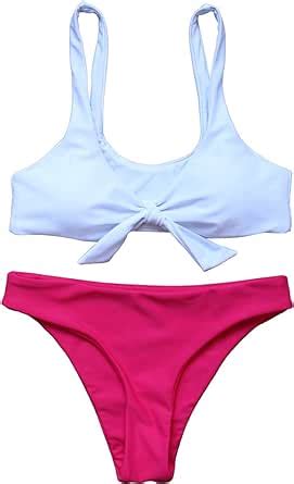 Amazon Moshengqi Women Tie Knot Front Solid Color High Thong Piece Swimsuits Bikini L Us