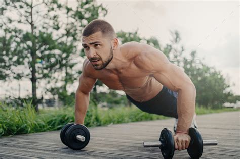 Muscular Bodybuilder Push Up With Barbells Plank Pose Naked Body Determination Training