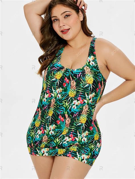 Pineapple Mixed Print Plus Size Blouson Tankini Tankini Blouson Tankini Plus Size Swimwear