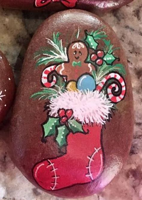 Christmas Stocking Winter Painted Rock Christmas Pebble Art Christmas