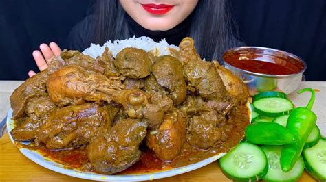 ASMR EATING CHICKEN LIVER CURRY SPICY CHICKEN CURRY WHITE RICE GREEN