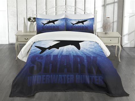 Ambesonne Shark Quilted Bedspread Set 3 Pcs Underwater Hunter Danger