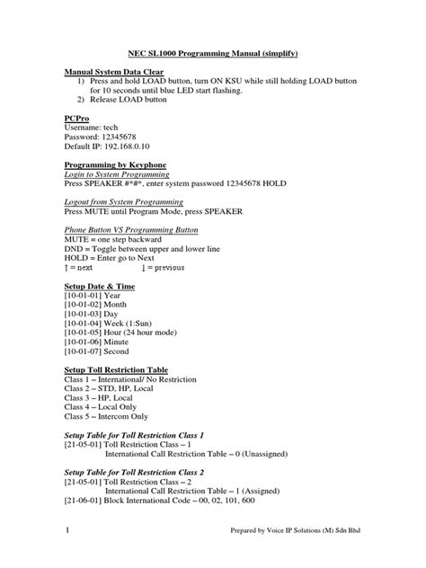 NEC SL1000 Programming Manual (Simplify) | PDF | Telephone | Communication