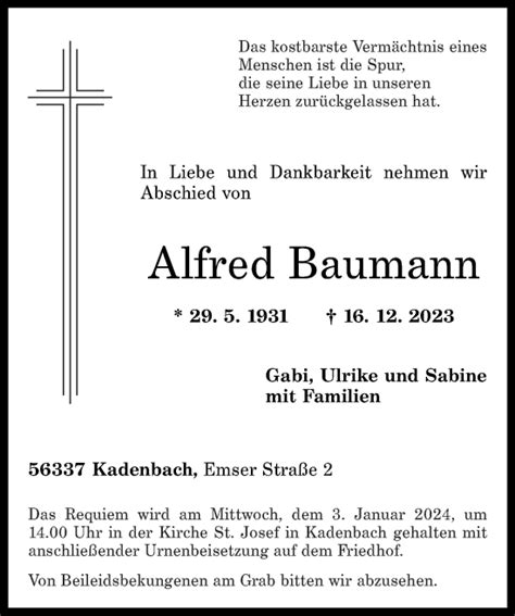 Traueranzeigen Von Alfred Baumann Rz Trauer De