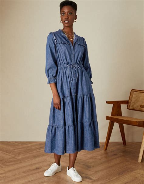 Tiered Denim Dress In Sustainable Cotton Blue Casual And Day Dresses Monsoon Uk