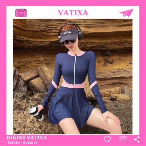 Size M L XL Bikini đồ bơi đi biển một mảnh dây kéo đen phối xanh form váy có quần bảo hộ