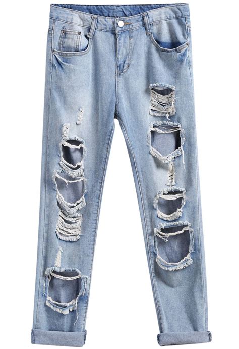 Blue Pockets Ripped Denim Pant SheIn Sheinside Ripped Denim Pants