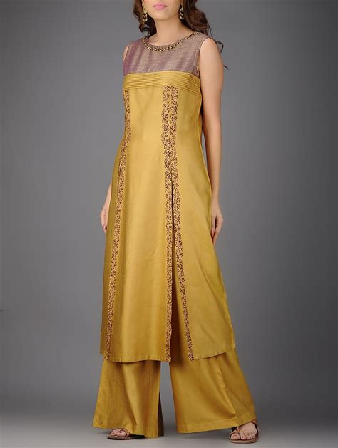 Buy Mustard Mauve Printed Pleated Cotton Silk Kurta Online At Jaypore