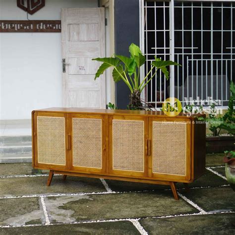 Credenza Bufet Retro Minimalis Kayu Jati Kombinasi Rotan