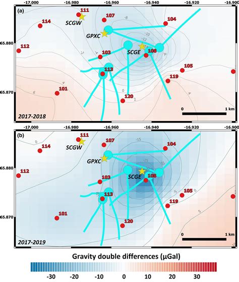 Map of the gravity variation in µGal for the 2017–2018 period (zoom of ...