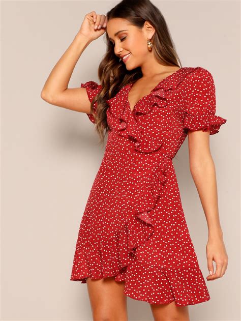 SHEIN Heart Print Ruffle Surplice Dress SHEIN USA