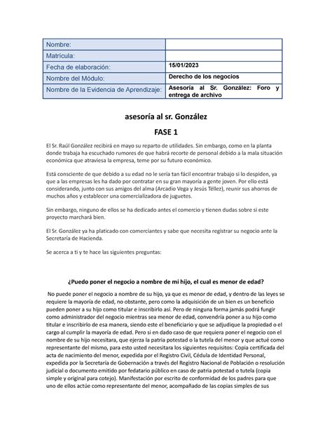 Asesoria Al Sr Gonzalez Nombre Matrícula Fecha De Elaboración 15