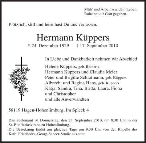 Traueranzeigen von Hermann Küppers Trauer in NRW de