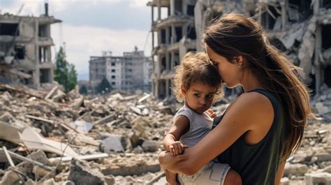 Madre E Hijo En Una Ciudad Destruida En Palestina Conflicto De Guerra