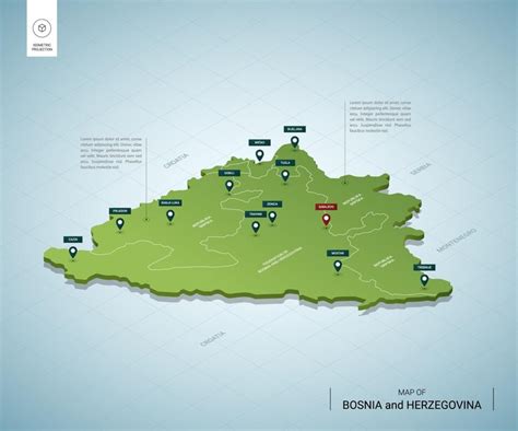 ボスニア・ヘルツェゴビナの定型化された地図。都市、国境、首都サラエボ、地域の等角投影3dグリーンマップ。 プレミアムベクター