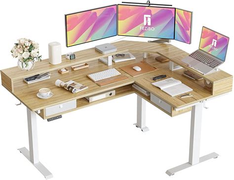 FEZIBO 63 L Shaped Standing Desk With LED Strip Electric Triple Motor