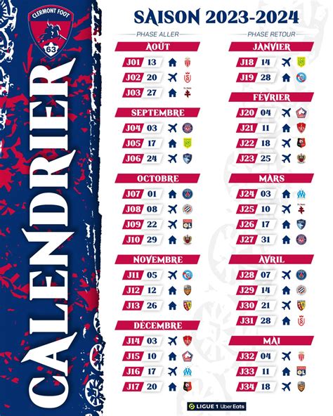 Découvrez le calendrier complet de la saison 2023 2024 Clermont Foot