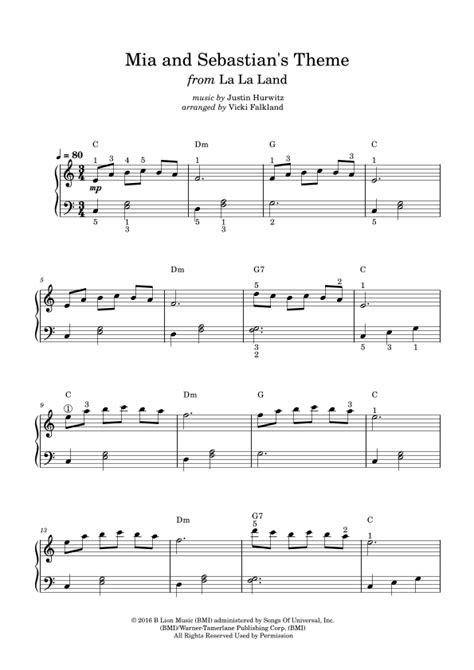 Mia Sebastian S Theme Arr Vicki Falkland By Justin Hurwitz Sheet