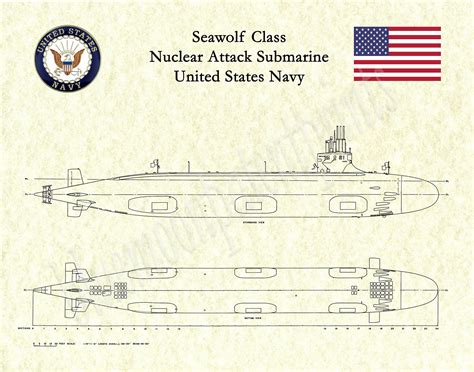 Seawolf Class Submarine Blueprint, USS Seawolf Submarine Poster, Seawolf Class Nuclear Submarine ...