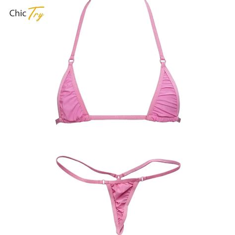 Womens Micro Lingerie Set Self Tie Bra Tops With G String Thongs Piece Extreme Bathing