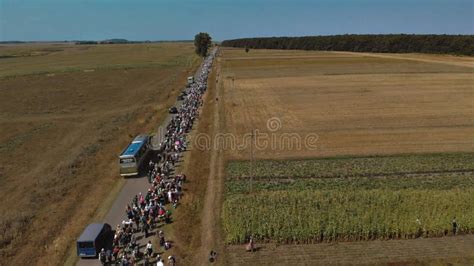 Orthodox Christians Go On A Religious Procession Top View Of The