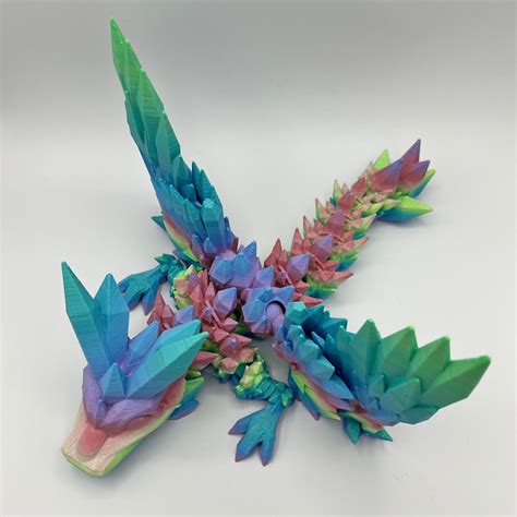 Large Rainbow Crystal Winged Dragon Articulated 3D Printed Decor By