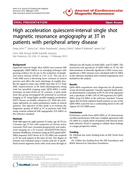 Pdf High Acceleration Quiescent Interval Single Shot Magnetic Resonance Angiography At 3t In