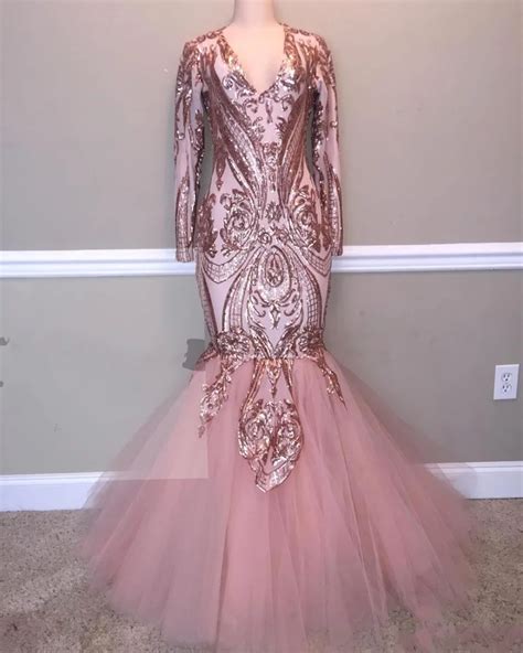 Elegant Pink Prom Dresses 2019 New Mermaid Long Sleeves V Neck Lace