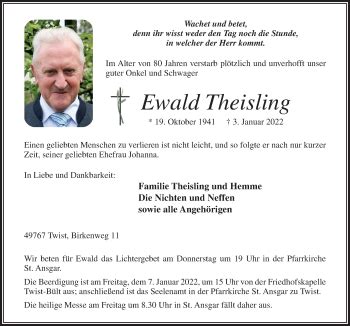 Traueranzeigen Von Ewald Theisling Noz Trauerportal