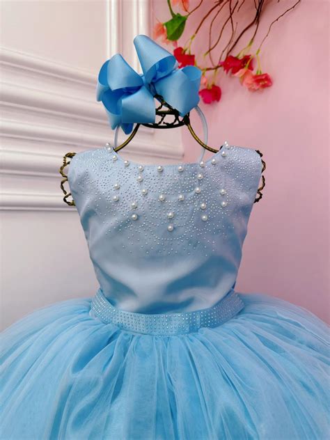 Vestido Infantil Damas de Honra Longo Azul Strass e Pérolas Rosa