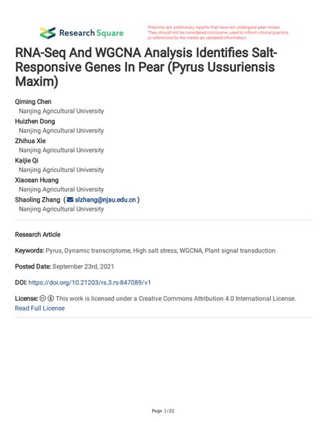 Pdf Rna Seq And Wgcna Analysis Identifies Salt Responsive Genes In