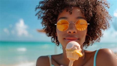 Mulher Segurando Um Cone De Sorvete Na Praia Foto Premium