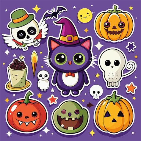 Cute Halloween Stickers With Pumpkins A Witch Cat A Ghost A Skull And