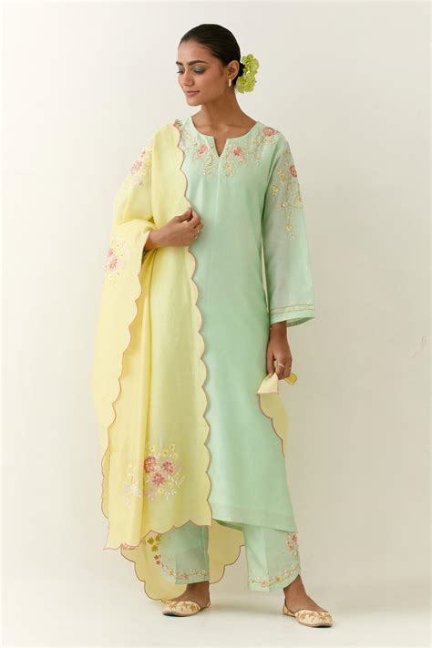 Buy Green Silk Chanderi Embroidered Floral Notched Kurta Palazzo Set