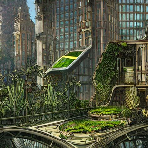 Solarpunk City Green Plants Buildings Art Nouveau Concept Art