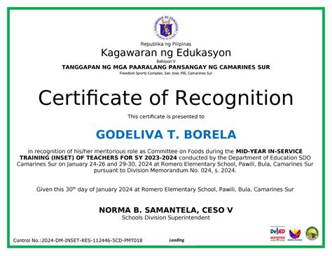 2024 Inset Certificate Of Recognition Pmt Kagawaran Ng Edukasyon