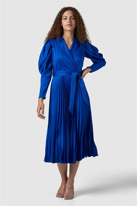 Closet London Blue Long Sleeve Pleated Wrap Midi Dress